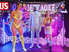 jessie pony and bernard sanchez get wild in jerkaoke orgy, fingering and teasing to orgasm