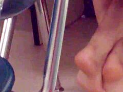playful latina teases with her soles in the classroom setting.