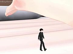 tiny girl encounters huge tall giantess in anime