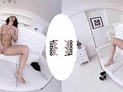 Shaved Brunette Achieves Intense Orgasm Through Fishnet Masturbation