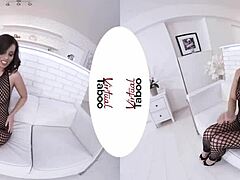 Shaved Brunette Achieves Intense Orgasm Through Fishnet Masturbation