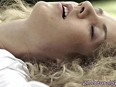 Gorgeous euro babe fingers herself outdoors solo