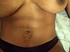 Wow! Ebony Tinder girl stretched out again with panties to the side for a cumshot!