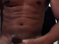 Intense solo handjob after a month of no sex leads to explosive cumshot.