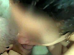 Receiving delicious blowjob and fucking skinny brunette in bathroom.