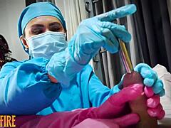 Dominafire performs femdom sounding on a bound patient in the hospital