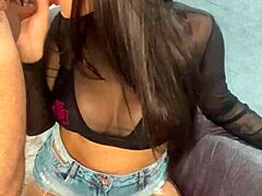 This gorgeous brunette teen is addicted to giving blowjobs and deepthroats with cumshots