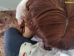 this young redhead student gives deepthroat blowjob in college dorm. she swallows cum for creampie finish in hardcore action.