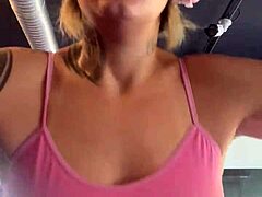 Skinny bodybuilder gets wet pussy soaked after gym workout with puffy nipples exposed