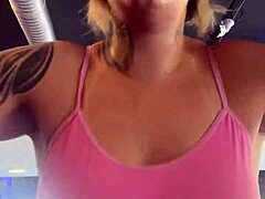 Skinny bodybuilder gets wet pussy soaked after gym workout with puffy nipples exposed