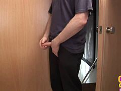 Femdom college babe in uniform gets pussy banged on knees