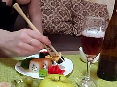 does this slutty blonde insert sushi chopsticks into her wet pussy?