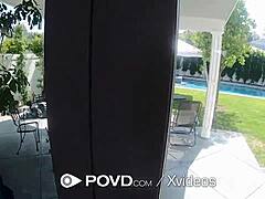 pov busty blonde with pierced nipples in riding video