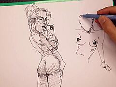 Porn artist at work sketching sexy girls with big tits.