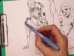 Porn artist at work sketching sexy girls with big tits.