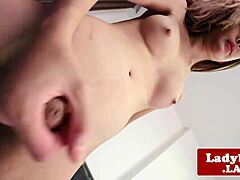 Asian Ladyboy With Big Tits And Ass Masturbates Close Up On Bed