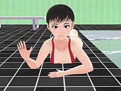 Anime girl swam in micro bikini nip slip!