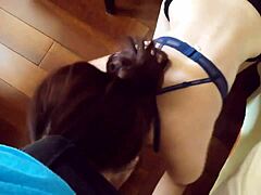 Cute girl gives suggestive blowjob leading to cumshot