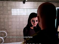 in the public toilet, she gives a rough blowjob while wearing a corset and fishnets