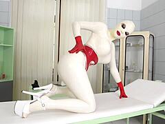 Voluptuous latex-clad Lucy teases her backside before filling her intimate areas with a medical toy