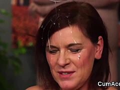 Horny honey, get that jizz load on your face and eat it all!