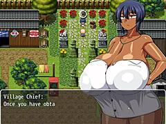 Tanned girl Natsuki in hentai game episode 10 pissing in public with huge boobs.