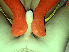Stepmom in Red High Socks Pleasures Me with Her Feet