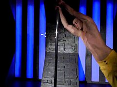 wow, this hot young guy does an acrobatic strip tease on the pole, ripping clothes off 😏