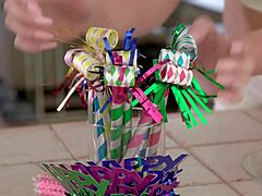 Birthday surprise with cock and cake for blonde teen