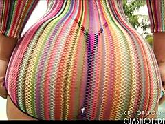 gorgeous latina undresses at public pool, stripping with great ass in close up.