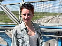 Beautiful woman risks it all for a hot and steamy blowjob session on a pedestrian bridge