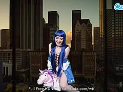 lizzie love cosplays hinata, masturbates on sybian machine