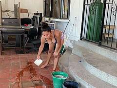Helping my stepsister clean up for a hot blowjob