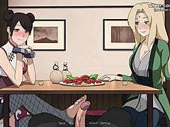 Naruto Kunoichi Trainer: Tsunade and Tenten Give Handjob and Footjob in Public Restaurant Anime Scene