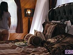 This cute lesbo babe gets her pussy licked out by her girlfriend in stockings.