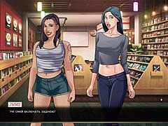 In this hentai game, the character uses a dildo on her big nipples and tits