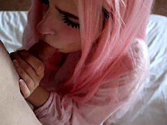 My cute pink-haired girlfriend blows bubblegum dick