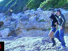 Beautiful Beach Threesome With Dirty Brunette Girls In Action