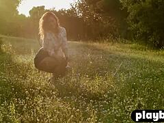 Perfect small tits MILF Anetta Keys strips hot outdoors for steamy posing.