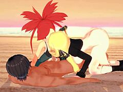 Pokemon threesome with Flannery and Cynthia creampie cumshot on beach