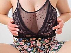 Cute student plays with her big tits after studying, reaching luxury orgasm.