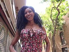 German scout picked up slim Latina Ebony Tina Fire with big natural tits for public street fuck.