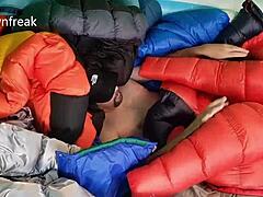 Gay pillow humping scene with down jackets and inflatable pool