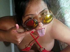 look at those cute eyes while she swallows