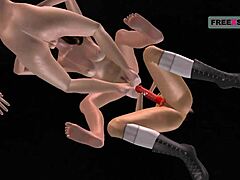 animated 3d cartoon of three cute lesbian girls in group fingering scene