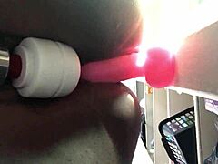 wow, fat ebony pussy drips cum after fucking with dildo in pov