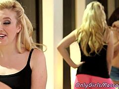 Busty teen eagerly licks adorable masseuse during steamy massage