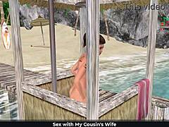 Cute girl poses sexy on beach and showers in 3d cartoon