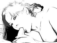 cartoon nympho deepthroats and masturbates with facial cumshot