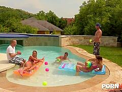 Mira sunset and christen courtney deepthroat and anal fuck in pool orgy.